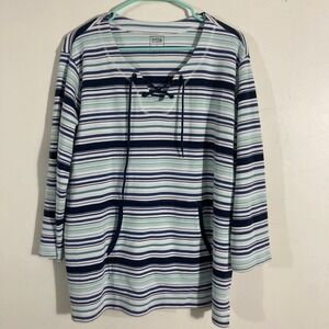 Hasting & Smith Tunic Women L Blue Striped  Lace Up V-Neck Knit Top